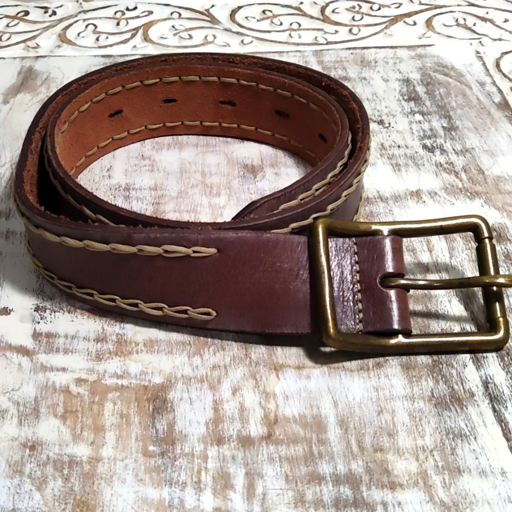 True Religion Brown Leather Belt with Cream Stitching.